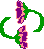 Animated sequence of four green curved shapes with purple and pink pixelated elements rotating around a central point on gray background.