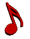Red musical eighth note icons in various 3D orientations against a gray background, showing rotation and perspective changes.