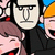 Pixelated cartoon characters with exaggerated expressions, including a stern man in black clothing and a laughing woman with brown hair.