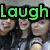 Three distinct images with text overlays: green 'Laugh' over three people, pink 'Love' over a black-and-white embrace, and blue 'Live' over two people.