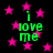 Green text 'i love me' repeated four times on black background with pink stars, each instance slightly offset.