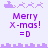 Pixel art animation showing Santa's sleigh with reindeer, city skyline, and 'Merry X-mas! =D' text in purple on white background.