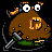 Pixelated brown character with large white eyes, orange horns, and a mouth holding a silver sword on green ground against black background.