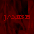 Red-toned image with repeated text 'JAMISH' in pixelated font across three sections, a white rectangular area on the right, and blurred dark shapes in the background.