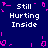 A 4-frame animated contact sheet showing a pixelated text-based icon with repeating phrases and pink decorative elements on a dark blue background.
