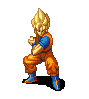 Pixel art character in orange and blue outfit with spiky yellow hair, shown in multiple poses including energy ball formation and defensive stances.