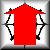 A static pixelated icon features a bright red rectangular shape with a pointed top, flanked by black curved lines on both sides against a light background.