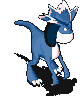 Blue dinosaur-like creature with white underbelly and crown-like head crest, standing on black shadow against gray background, shown in six sequential poses.
