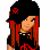 Pixel art character with red hair and black punk attire featuring red symbols, shown in a contact sheet layout with multiple views of the same figure.