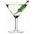 Four martini glasses with clear liquid and olive garnishes in green, blue, purple, and red colors arranged in a
