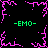 Black background with pink pixelated border and central starburst, four green "-EMO-" texts at corners.
