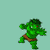 Pixelated green cartoon character in six sequential animation frames showing dynamic poses and a fist impact with cracked glass effect against light blue background.