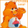 A static orange bear with a light blue belly holding a pink cupcake on a white background, surrounded by repeated identical copies.