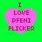 Four identical pink heart-shaped icons with red text on a green background, each displaying 'I LOVE PFENI FLICKER' in pixelated font.
