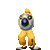 Pixelated character in yellow outfit with blue shield, orange hat, and black shoes; head turns left to right across frames.