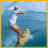 Animated sequence of a person surfing on blue water with yellow board, transitioning through different background styles and text overlays.