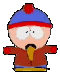 Pixelated cartoon character with blue hat, red trim, brown jacket, and yellow pants in three variations showing mouth expressions.
