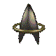 A circular gold ring encircles a dark metallic object with three pointed tips, rotating through multiple angles against a gray background.