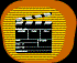 Two circular icons with orange borders; left shows a black clapperboard on yellow stripes, right displays a white-and-black striped background with abstract shapes.