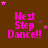 Brown background with pink text reading "Next Step Dance!!" repeated in a , surrounded by scattered pink stars