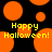 Pixelated orange circles float on black background with yellow text reading 'Happy Halloween!' in two identical sections.