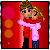 Pixel art animation of two cartoon characters kissing and embracing against a red background with colored circles, displayed as a 2x2 contact sheet with three visible frames.