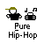 Pixel art of a figure with green cap and black shirt holding headphones, text 'Pure Hip-Hop' below on gray background.