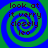 Four identical spiral patterns with blue and green colors, each containing text reading 'look at it verry closely leo' in dark purple font.