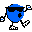 Blue pixelated character with black sunglasses and a single star on its chest, holding small square objects in both hands across multiple poses.