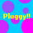 Blue background with overlapping purple and pink circles; yellow text "Pluggy!!" appears in four locations.