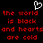 Pixelated red text on black background with white heart symbol above, repeating 'the world is black and hearts are cold' in two