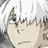 Pixelated anime-style character with white hair and a neutral expression, set against a black background with text labels.