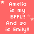 Pixelated text on a pink background with white stars, repeating 'Amelia is my BFFL!! And so is Emily!!' in multiple