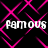 Black background with repeating pink diamond lattice pattern and four instances of white pixelated text reading "Famous".