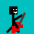 Pixelated stick figure with black head and limbs, red torso, brown guitar, smiling face on cyan background.