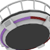 A pixelated circular object with a dark center, bordered by gray and black rings, featuring purple and red curved segments on its upper portion.