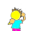 Two cartoon figures with yellow circular heads, brown spiky hair, and blue shirts; one figure has a visible face while the other's head is blank.