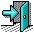 Pixelated teal door with white doorknob opens leftward, emitting cyan arrow that changes from straight to curved, then closes while arrow shrinks and vanishes.