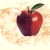 A pixelated red apple with a green leaf and brown stem, set against a light beige background with faint brown speckles.
