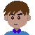 Pixelated cartoon character with brown hair, blue shirt, purple bow tie, and pink cheek marks in two expressions: open eyes smiling and closed eyes smiling.