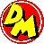 A circular pixelated icon with a red outer ring, white inner border, and gray background, featuring a yellow stylized 'DM' symbol with black outlines.