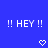 Blue background with repeated white text "!! HEY !!" and pixelated heart and arrow symbols in a