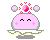 Pixelated pink character with closed eyes and a plus sign on its cheek, floating above a white platform with yellow trim. The character's expression changes across frames while maintaining the same base form.