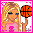 A 5x5 contact sheet of a pixel art animated buddy icon featuring a blonde girl holding a basketball, with additional frames showing her full body, pants, and the text "life" in various styles.