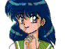 Pixelated anime-style character with blue hair and green vest, shown in four sequential expressions from left to right.