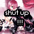 Pixelated image of a character with pink hair and black clothing holding a microphone, overlaid with bold text reading 'shut up !!!!'