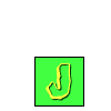 Green square icon with yellow 'J' outline; animated sequence shows a small figure emerging from the top-left corner of the green background.