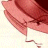 A pixelated close-up of a pinkish-red fabric with a dark brown stripe, draped over a white surface with a thin brown line extending downward.