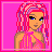Pixelated character with pink and purple hair, blue eyes, wearing a pink dress against a bright pink background.
