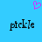 A static image with a bright blue background, a pink pixelated heart symbol at the top center, and two identical black pixelated text instances of 'pickle' below.